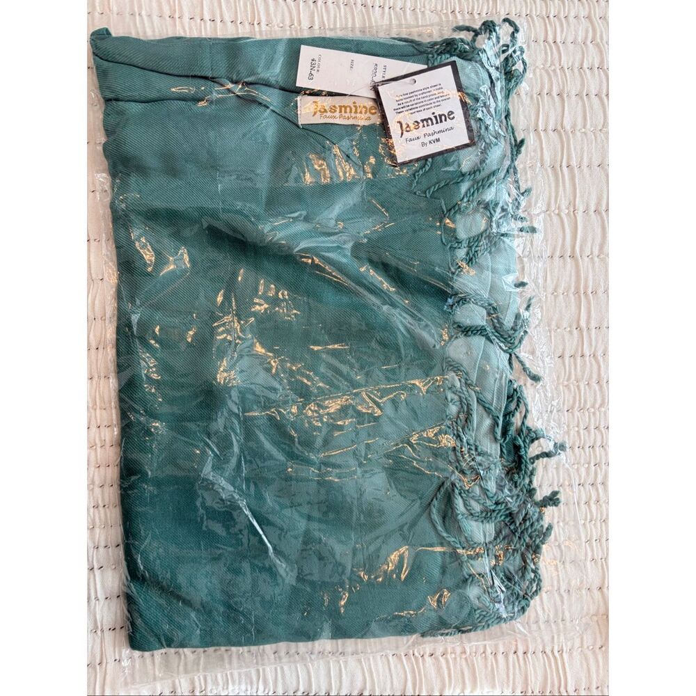 NWT Jasmine Faux Pashmina by KVM Teal Fringe Shawl Wrap Scarf Wedding Evening